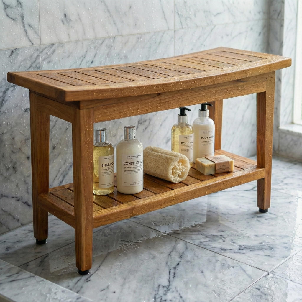 30" Teak Shower Bench with Shelf M728