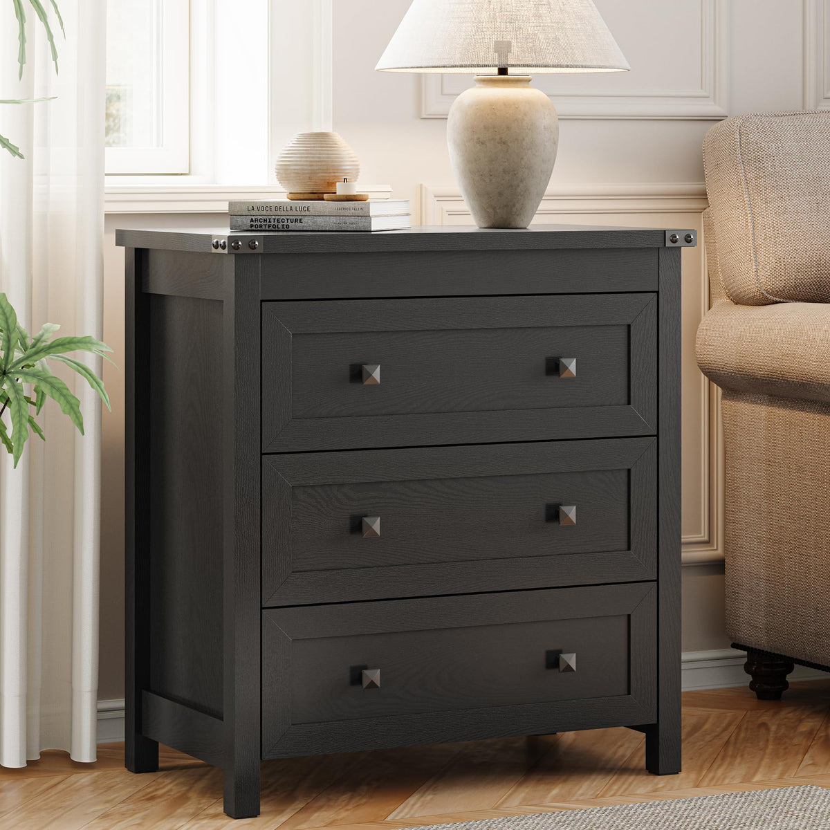 27.6" Wide Black 3 Drawer Wood Nightstand T8487
