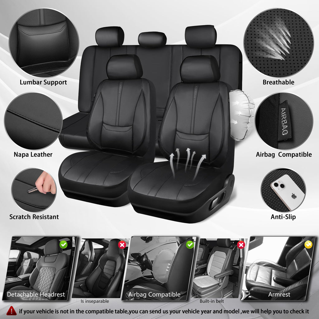 Black Nappa Leather Car Seat Covers Full Set B128