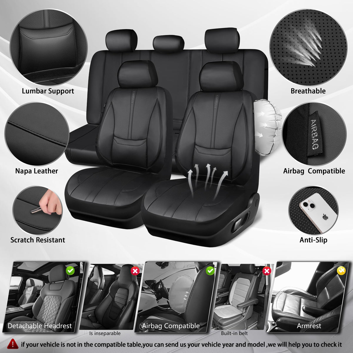 Black Nappa Leather Car Seat Covers Full Set B128