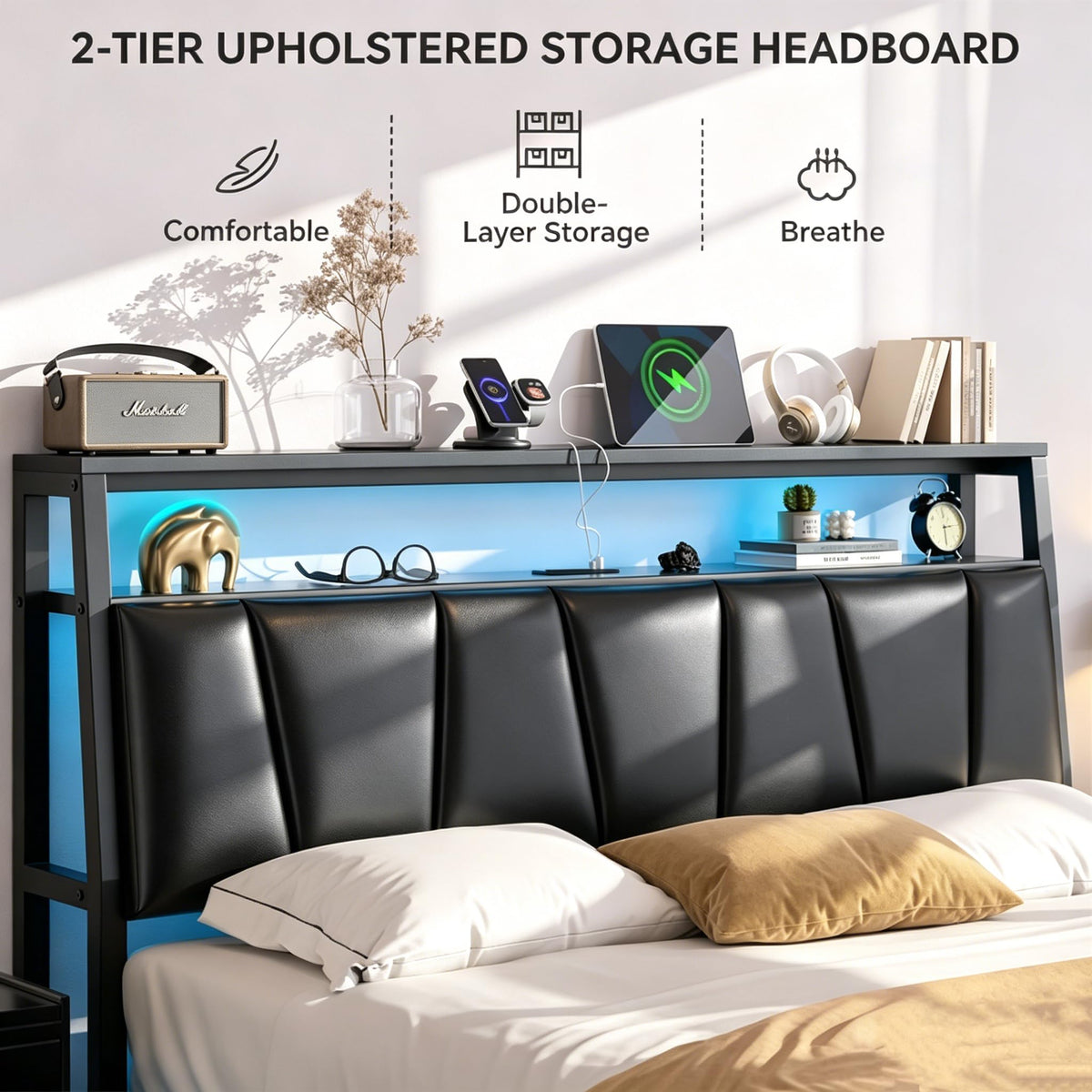 Queen Bed Frame with Storage Headboard and 2 Drawers X8716