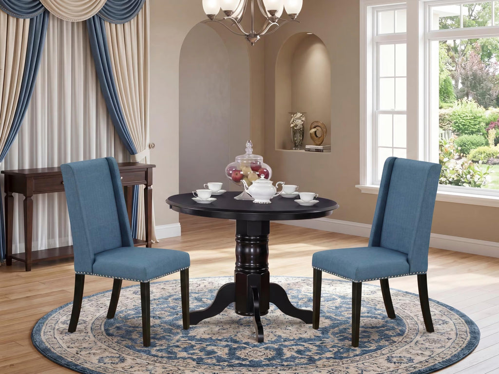 3 Piece Dining Table Set with 2 Blue Linen Fabric Chairs G34155