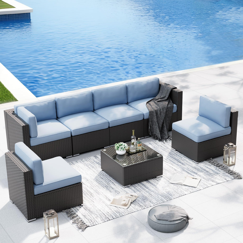 7-Piece All-Weather Wicker Patio Sofa Set with Glass Coffee Table S83556