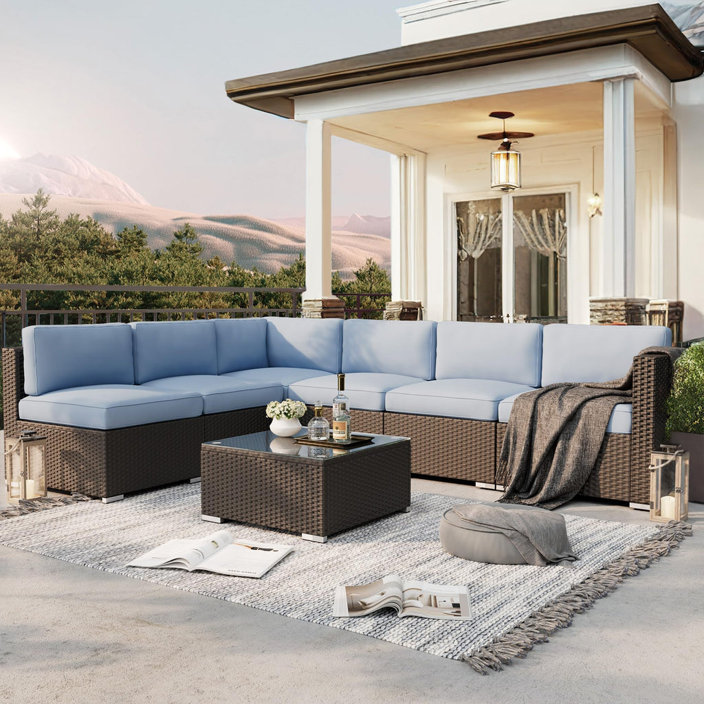 7-Piece All-Weather Wicker Patio Sofa Set with Glass Coffee Table S83556