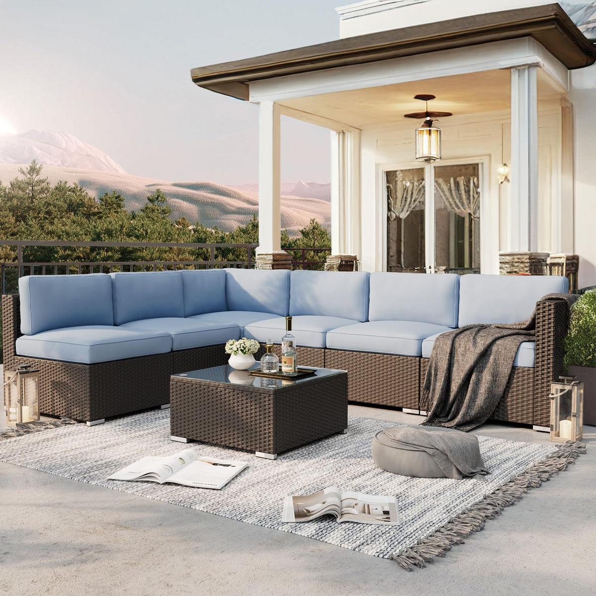 7-Piece All-Weather Wicker Patio Sofa Set with Glass Coffee Table S83556