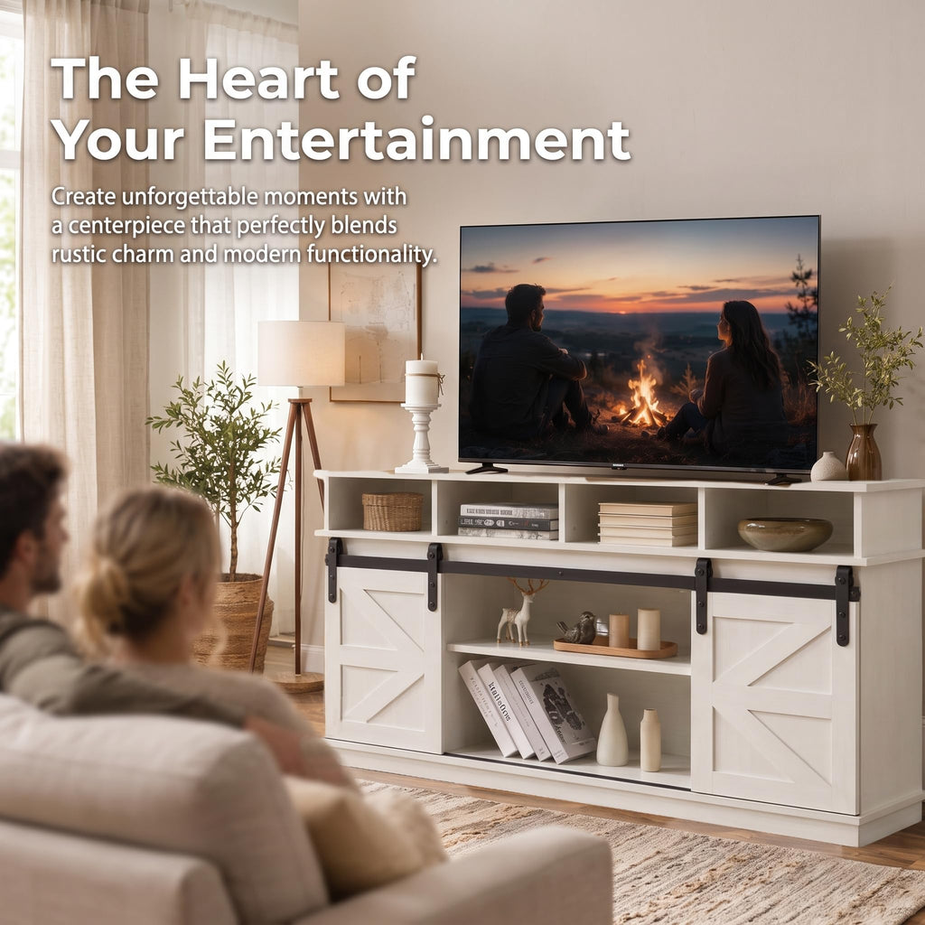 White Farmhouse TV Stand with Sliding Barn Doors V4044