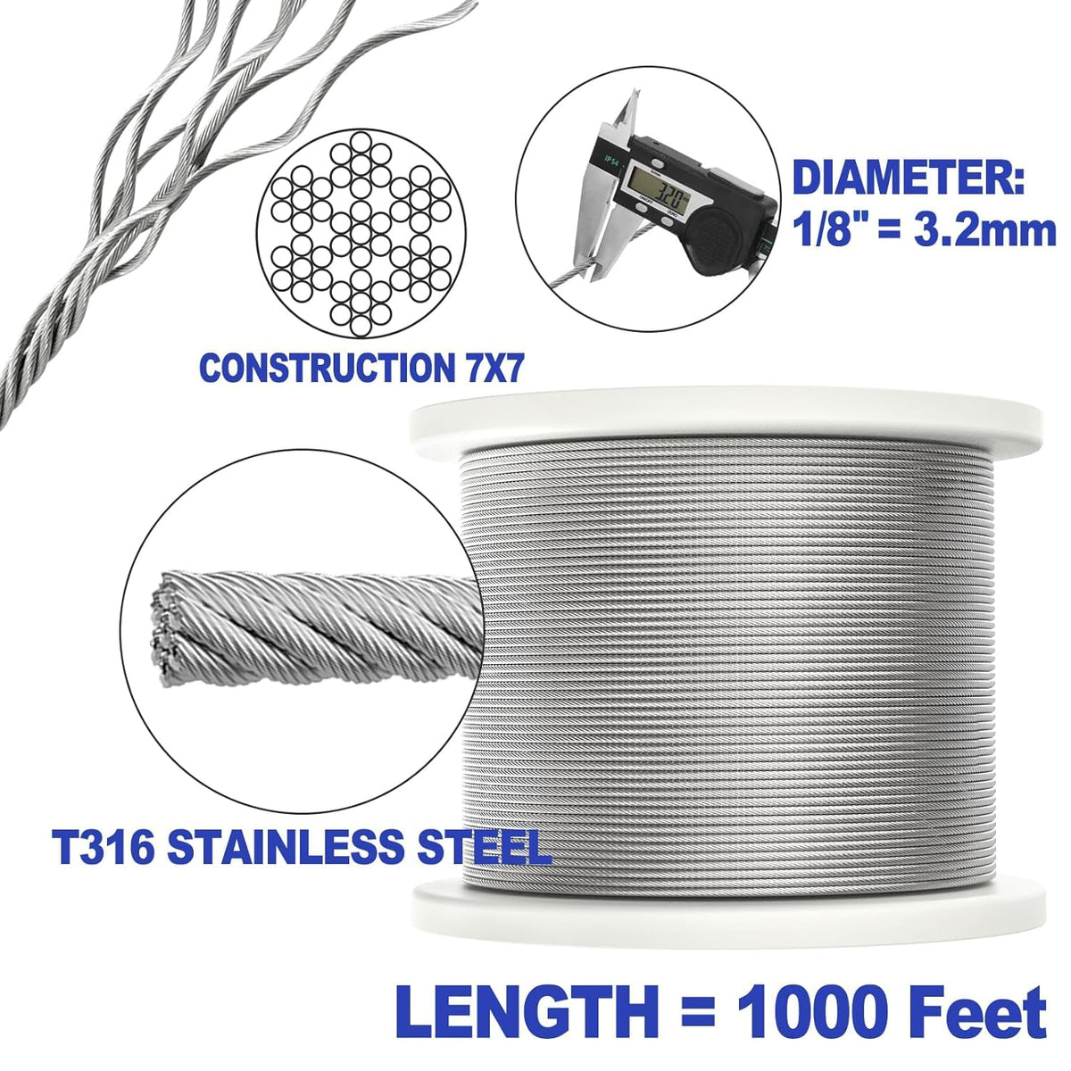 1/8" Stainless Steel Wire Rope Cable 7x7 Strands F874