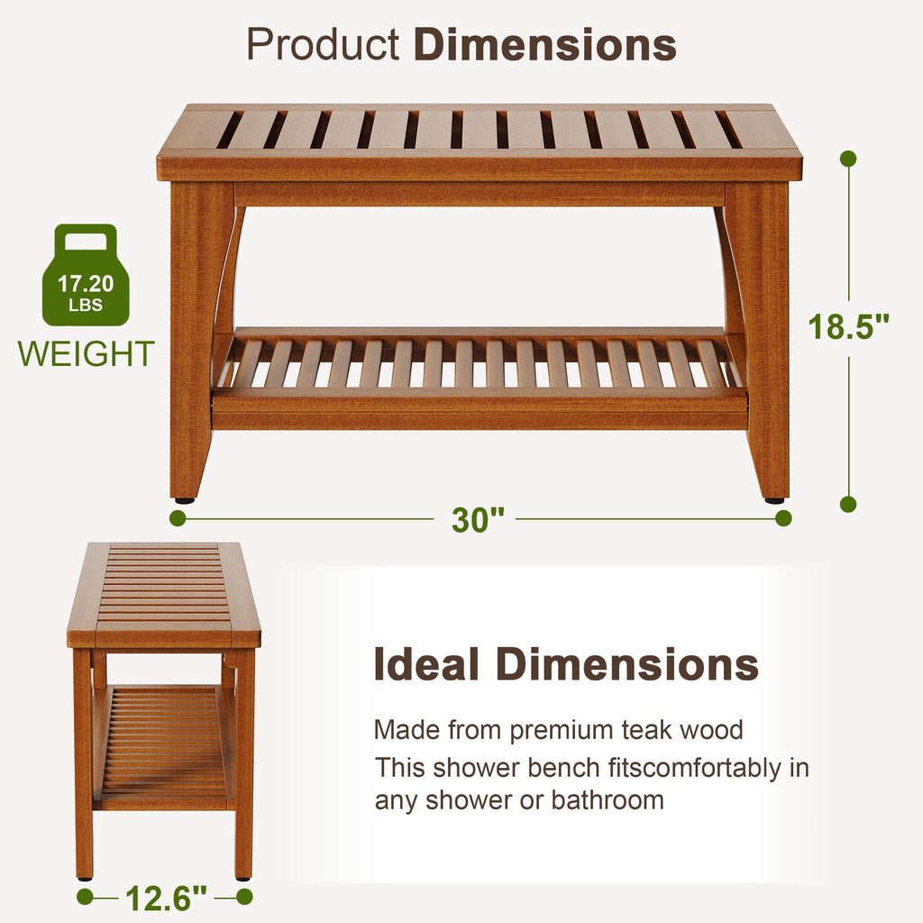 30" Solid Teak Shower Bench with Storage Shelf J8307