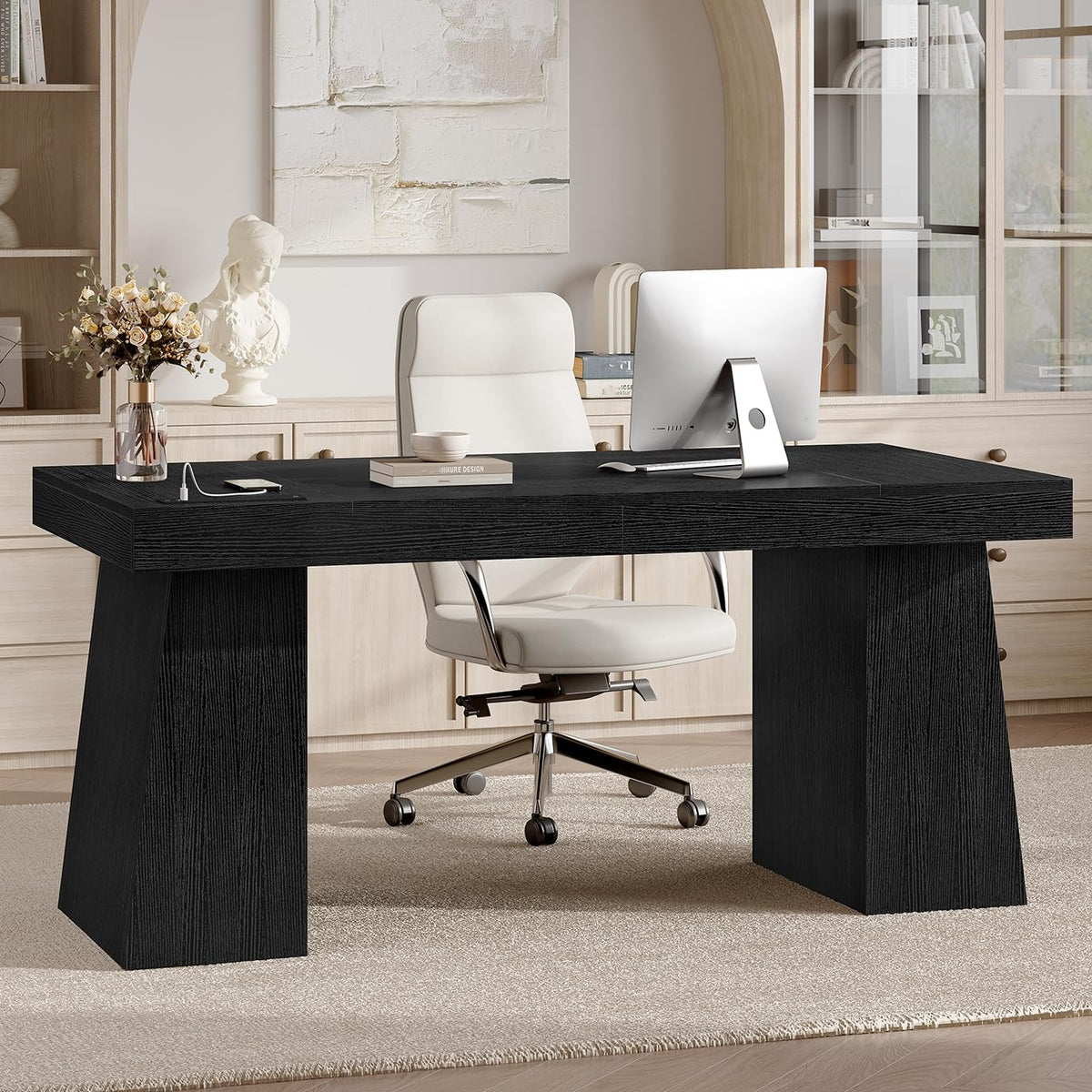 55.9" Black Wood Executive Desk with Storage T2284