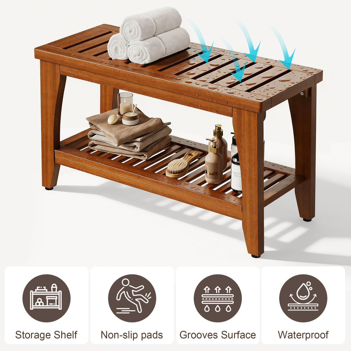 30" Solid Teak Shower Bench with Storage Shelf J8307