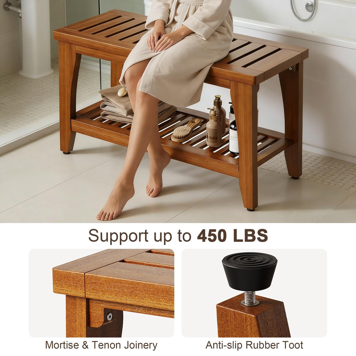 30" Solid Teak Shower Bench with Storage Shelf J8307