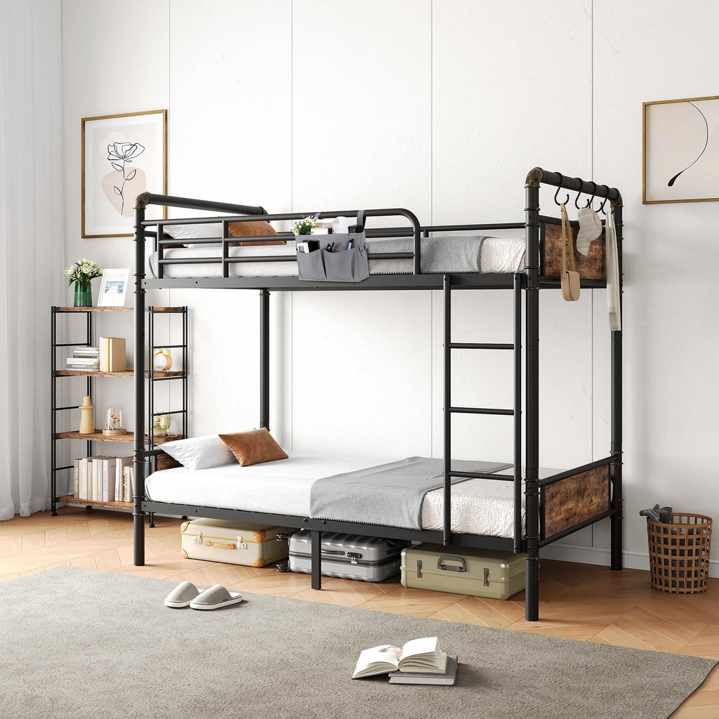 Twin Over Twin Metal Bunk Bed with Ladder and Guardrail I93845