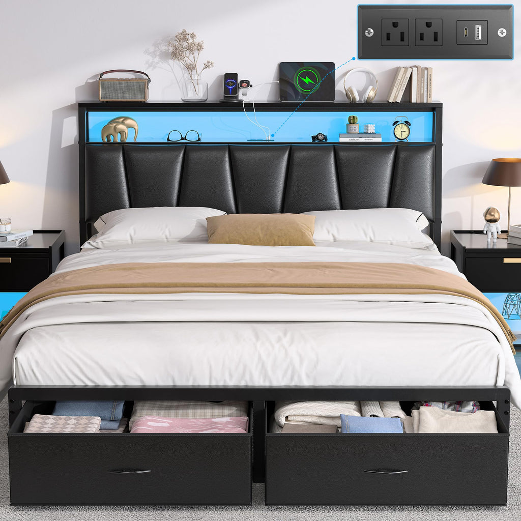 Queen Bed Frame with Storage Headboard and 2 Drawers X8716