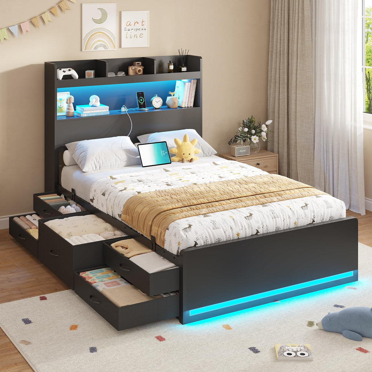 Twin Size Storage Bed Frame with 5 Drawers F2581