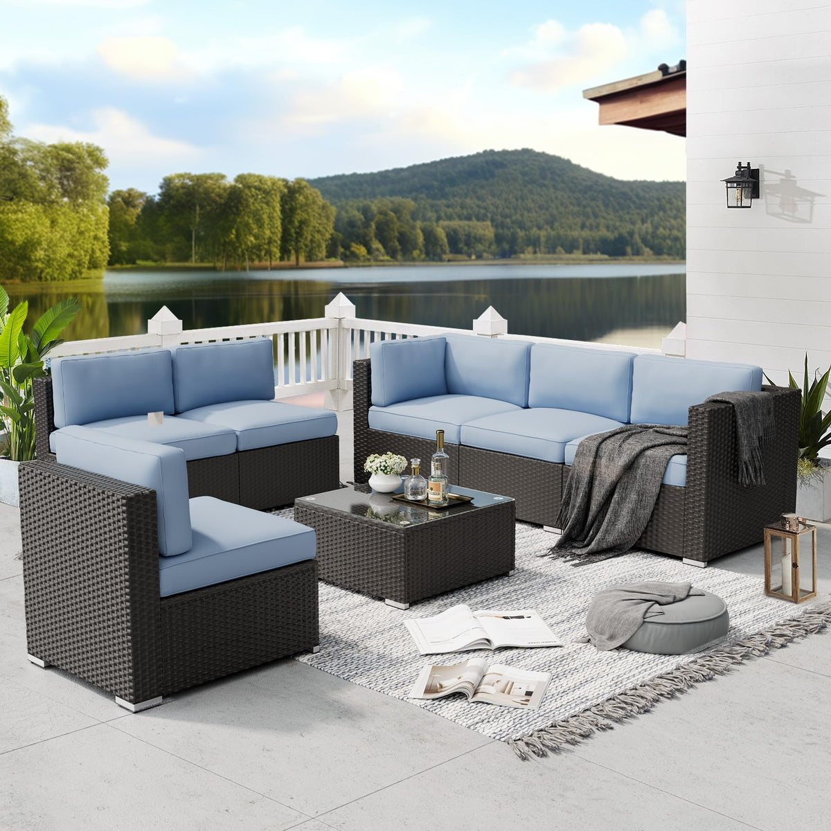 7-Piece All-Weather Wicker Patio Sofa Set with Glass Coffee Table S83556