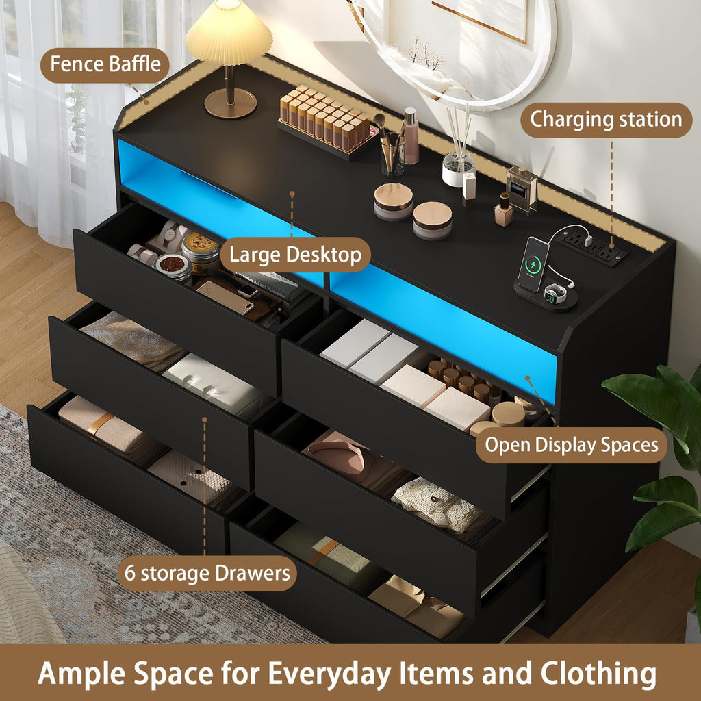 Black Dresser with LED Lights and Power Strip R315549