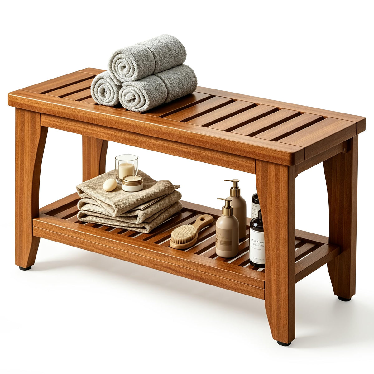 30" Solid Teak Shower Bench with Storage Shelf J8307