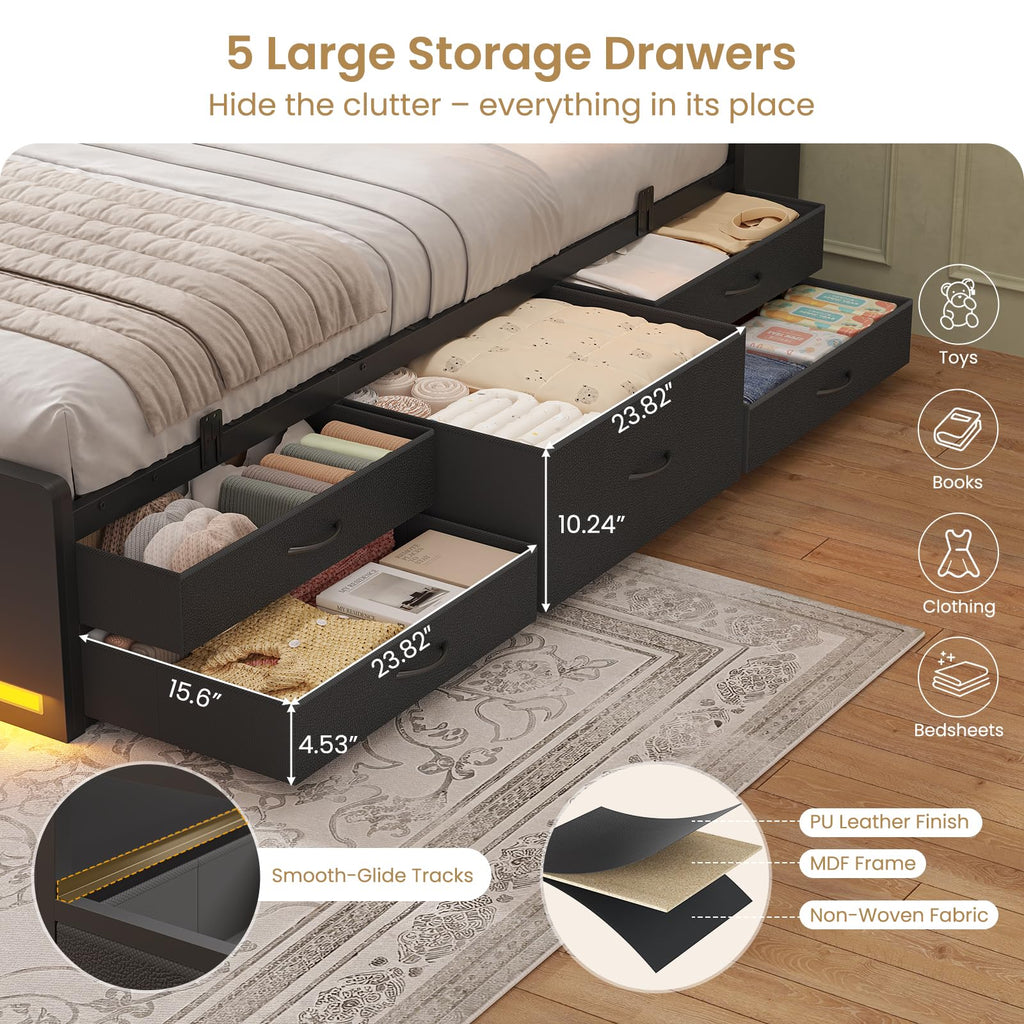 Twin Size Storage Bed Frame with 5 Drawers F2581