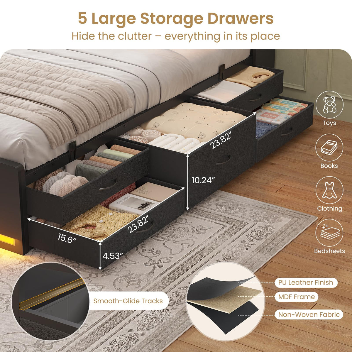 Twin Size Storage Bed Frame with 5 Drawers F2581