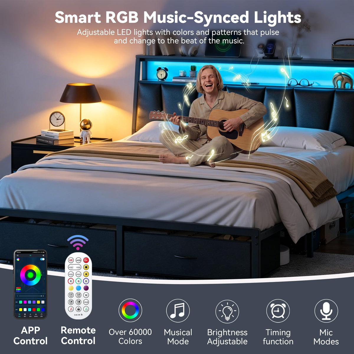 Queen Bed Frame with Storage Headboard and 2 Drawers X8716