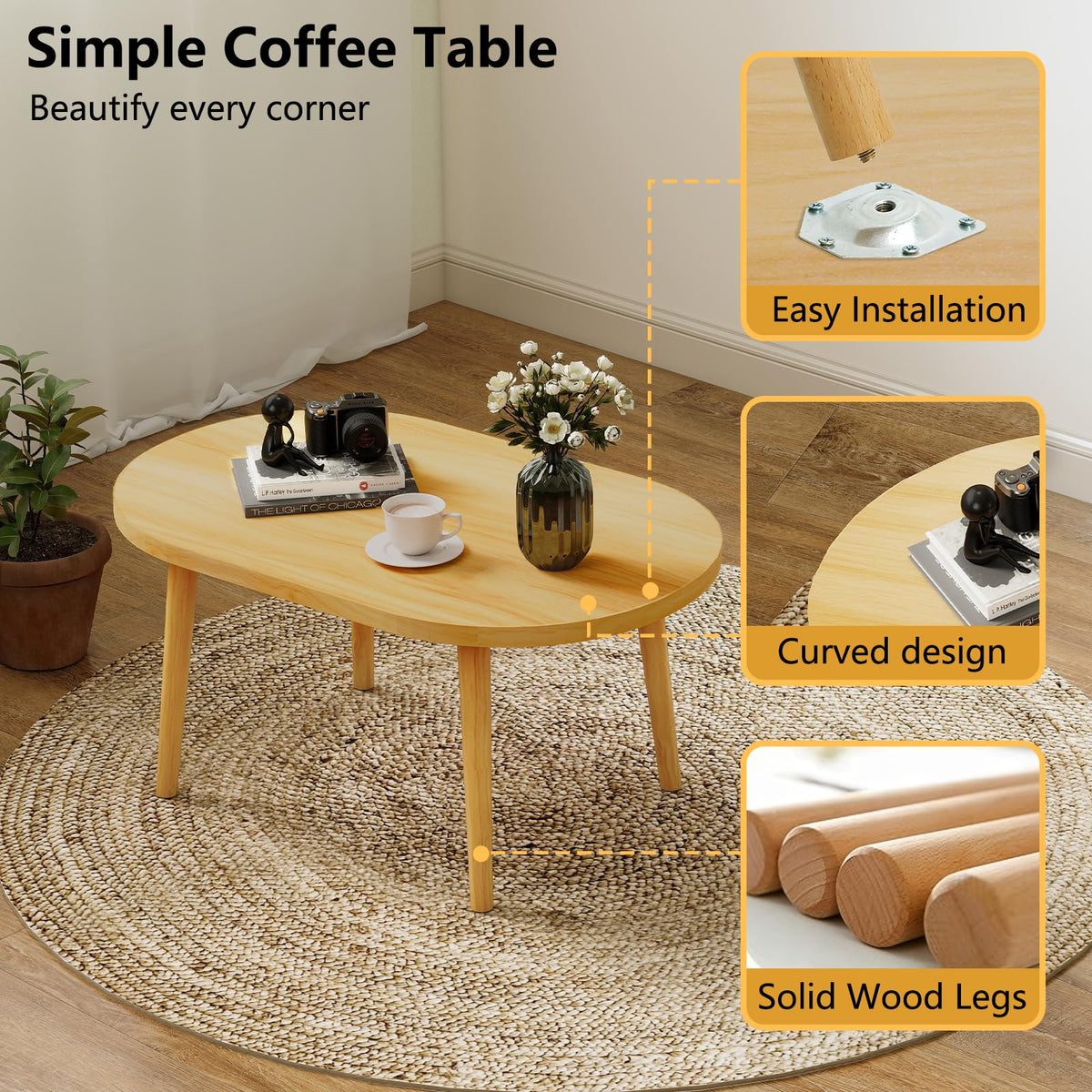 Oval Coffee Table Natural 19.7"D x 31.5"W x 16"H V101322