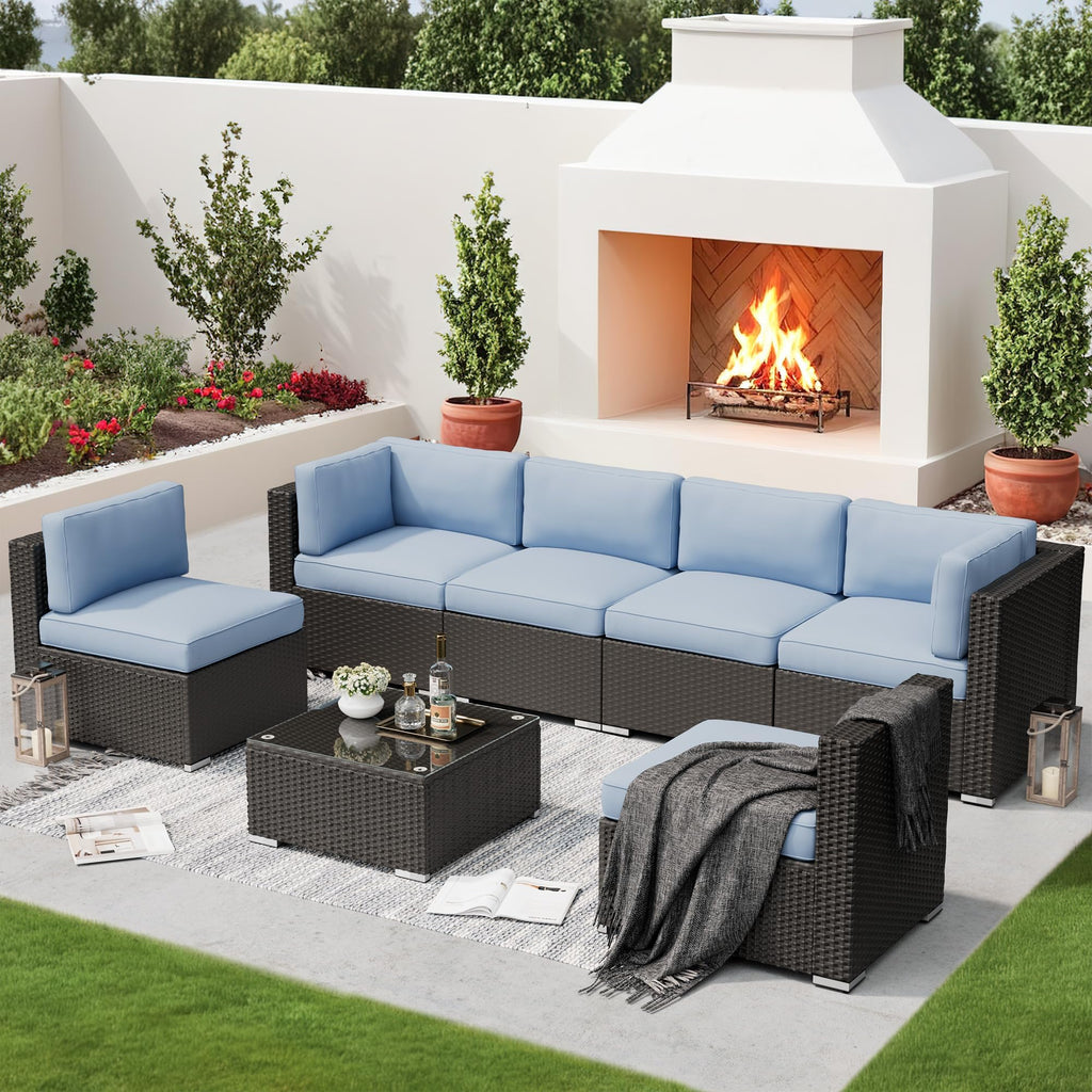 7-Piece All-Weather Wicker Patio Sofa Set with Glass Coffee Table S83556