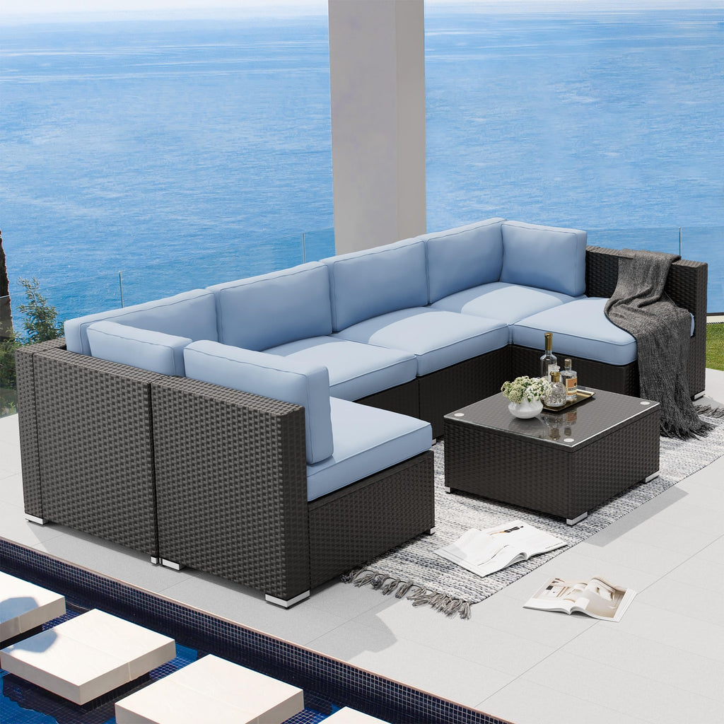 7-Piece All-Weather Wicker Patio Sofa Set with Glass Coffee Table S83556