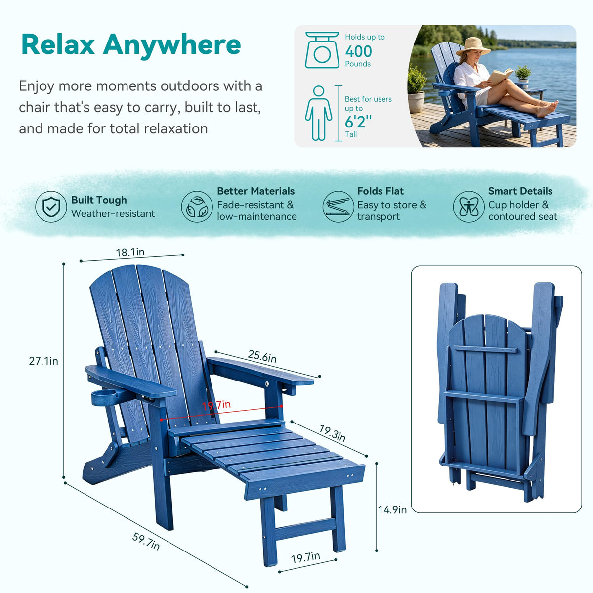 Folding Adjustable Adirondack Chairs Set of 2 with Footrest F528830