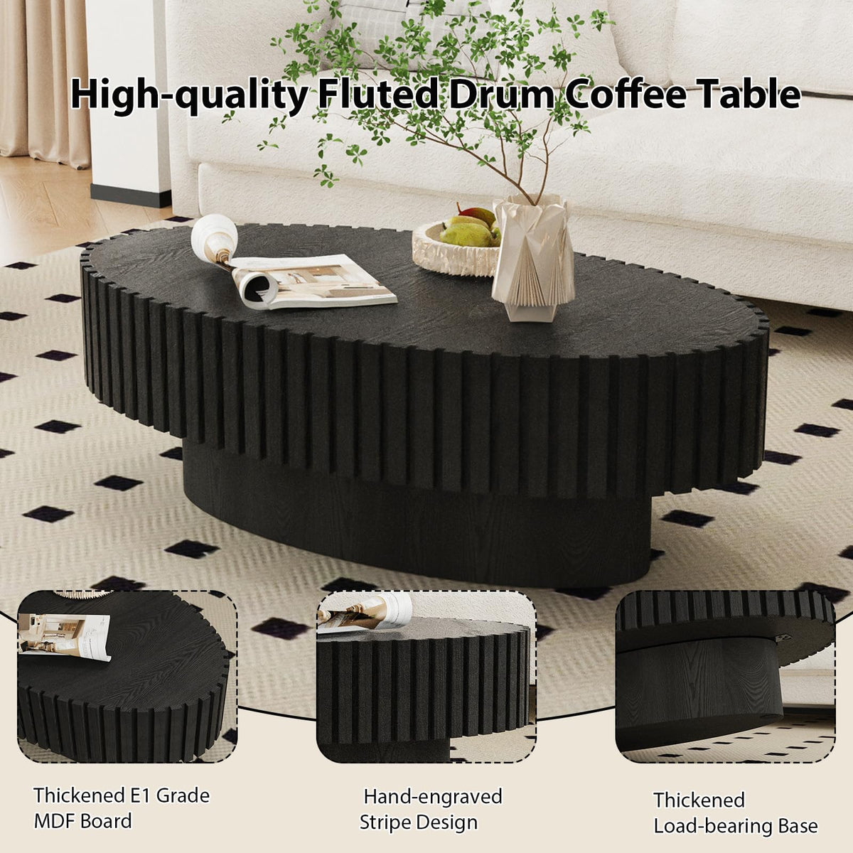 Black Oval Fluted Coffee Table A507