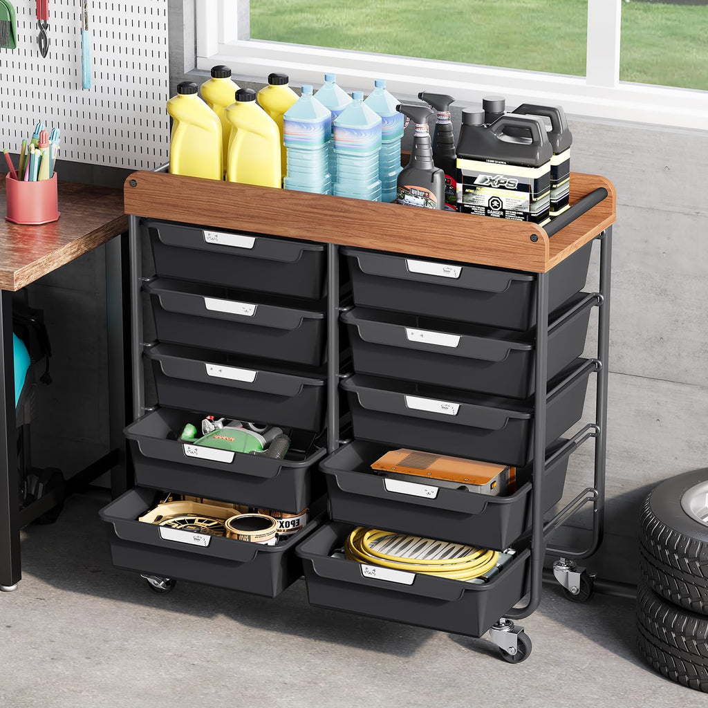 10 Drawer Rolling Storage Cart with Wooden Tabletop C577