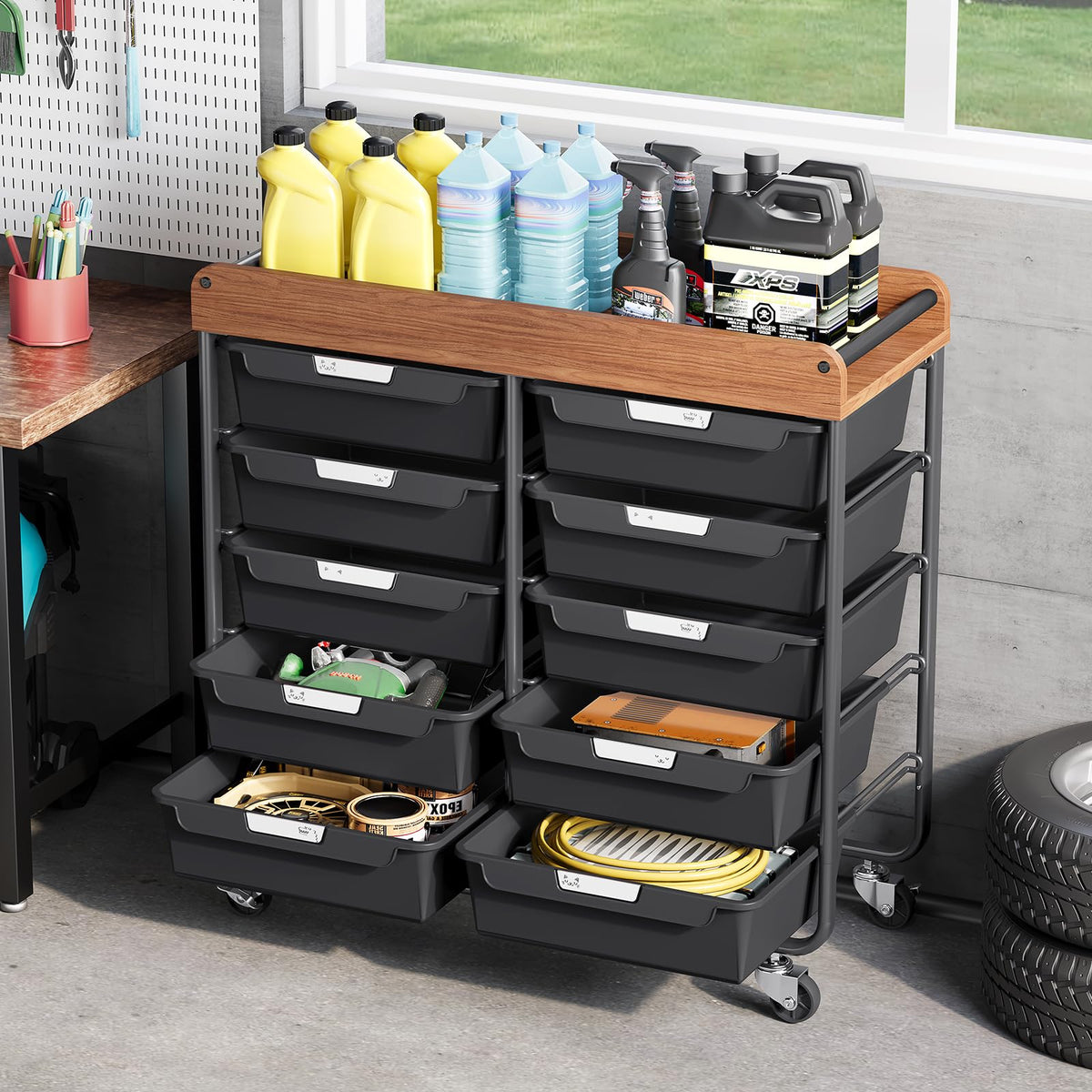 10 Drawer Rolling Storage Cart with Wooden Tabletop C577