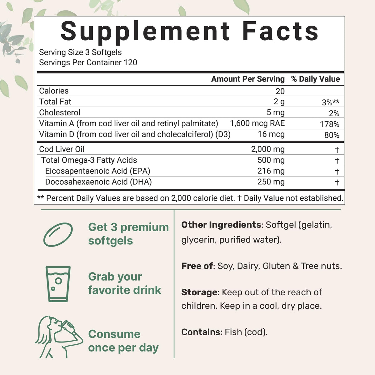Omega 3 Fish Oil 4200mg & Cod Liver Oil 2000mg 360 Softgels Lemon Flavored F470