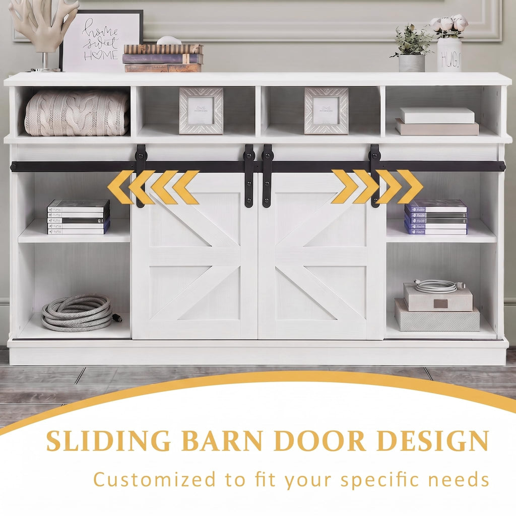 White Farmhouse TV Stand with Sliding Barn Doors V4044