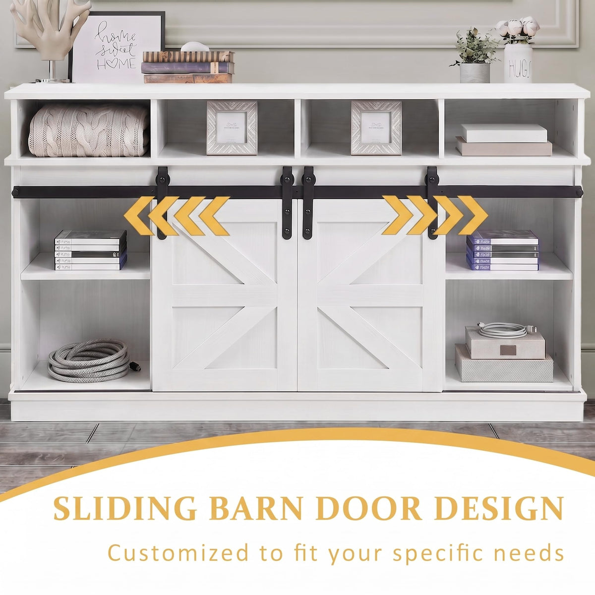 White Farmhouse TV Stand with Sliding Barn Doors V4044