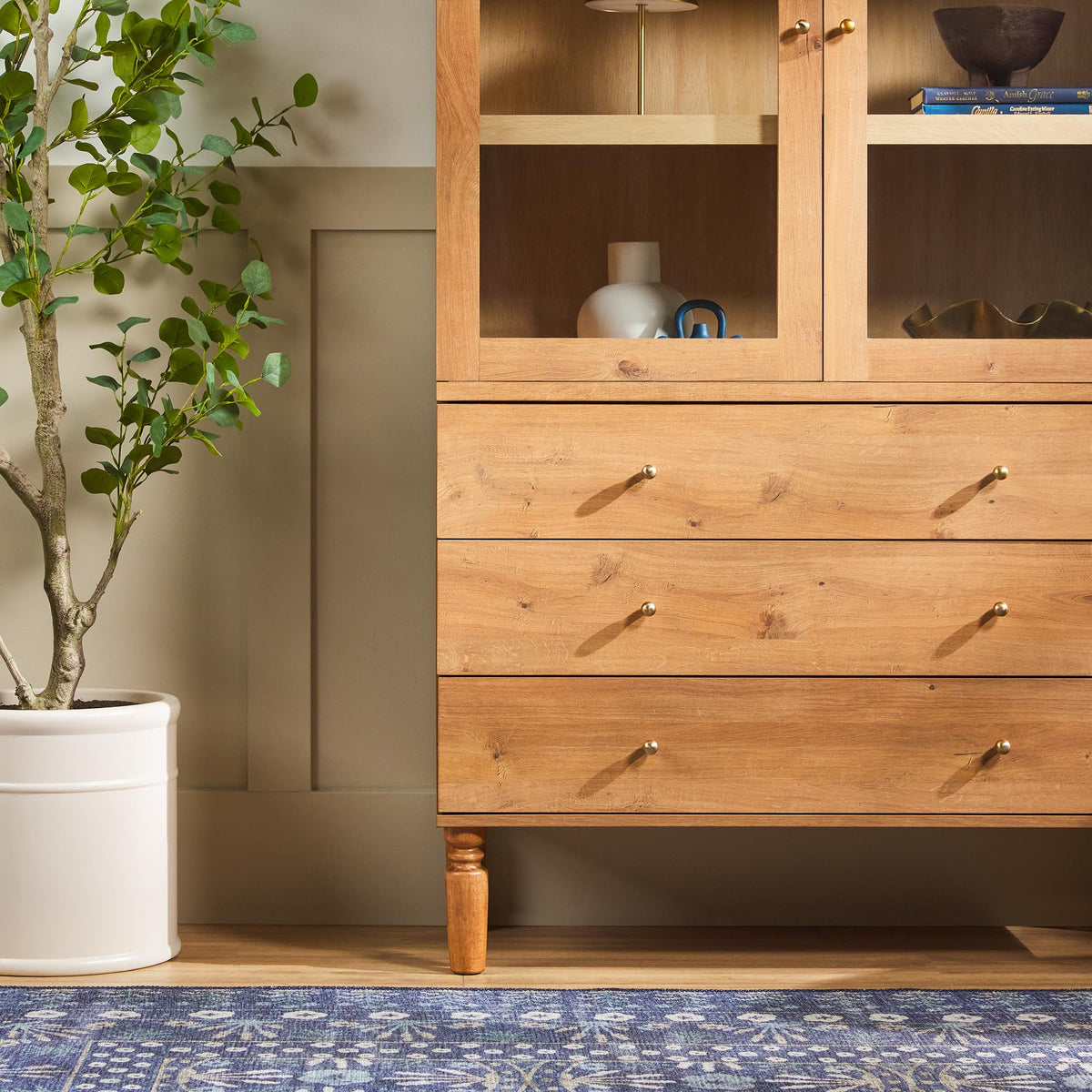 74 Inch English Oak Bookshelf Cabinet with Glass Doors W27028