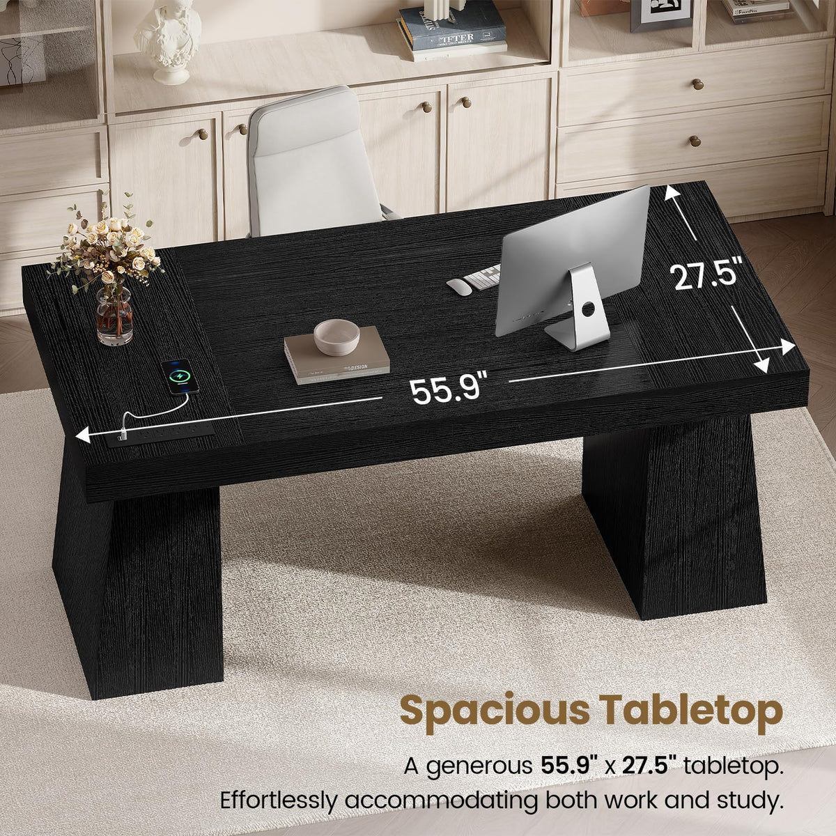 55.9" Black Wood Executive Desk with Storage T2284