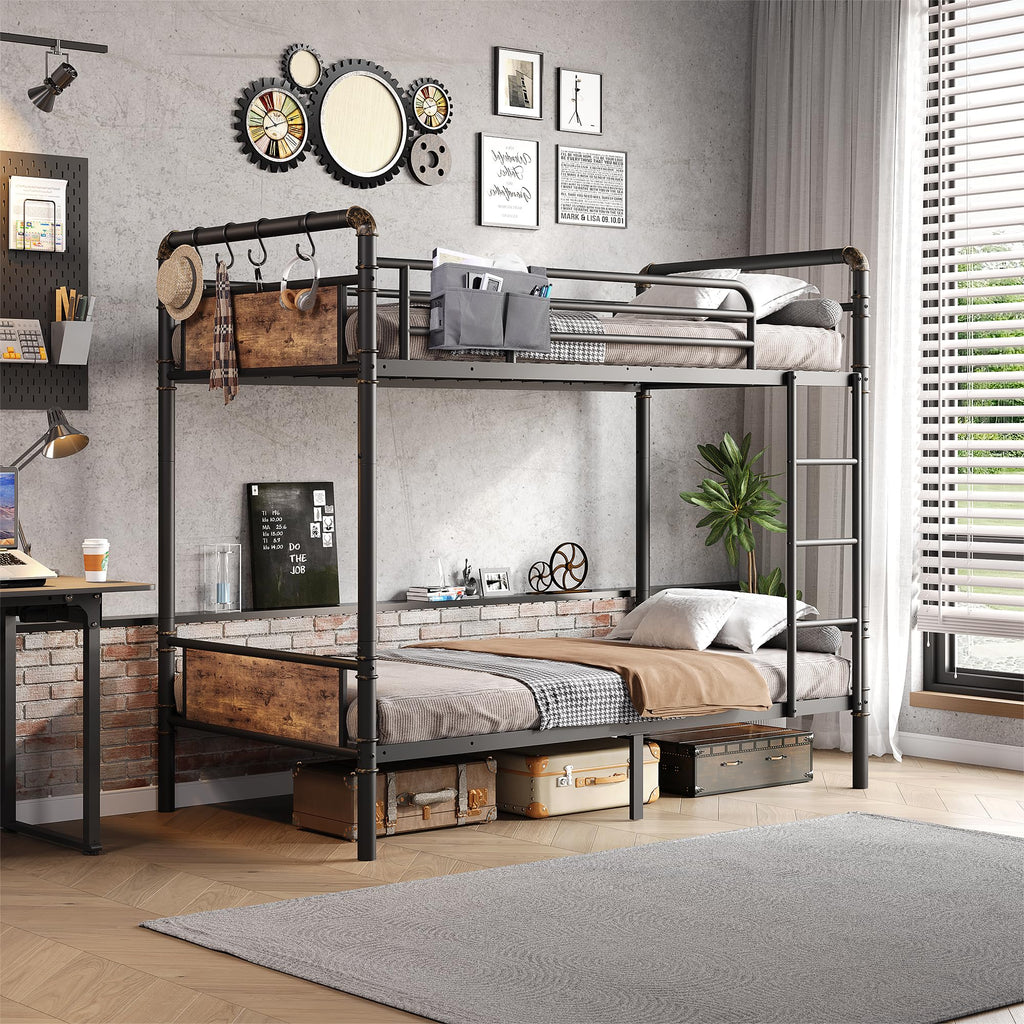Twin Over Twin Metal Bunk Bed with Ladder and Guardrail I93845