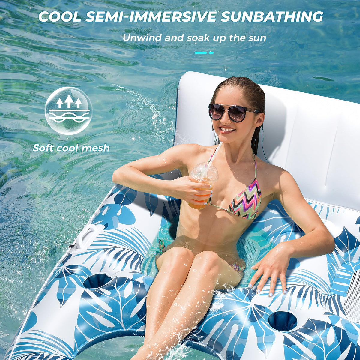 Inflatable Pool Float Lounger with Backrest, Footrest, Cup Holder X904720