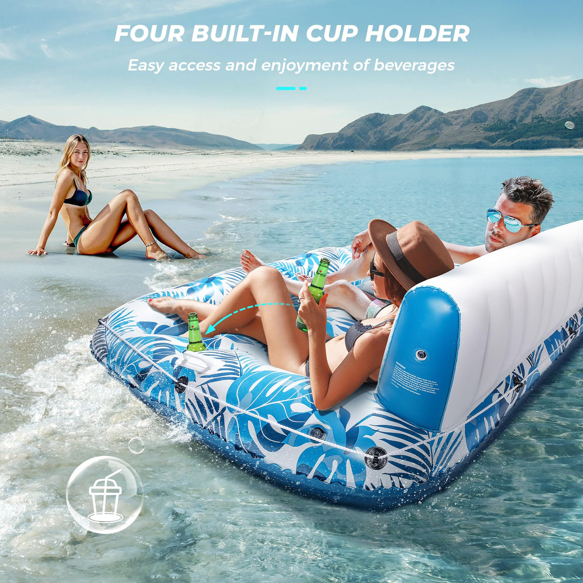 Inflatable Pool Float Lounger with Backrest, Footrest, Cup Holder X904720