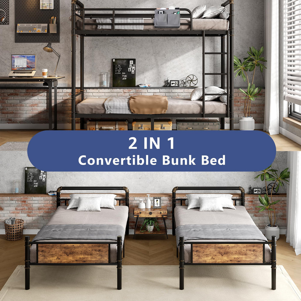 Twin Over Twin Metal Bunk Bed with Ladder and Guardrail I93845