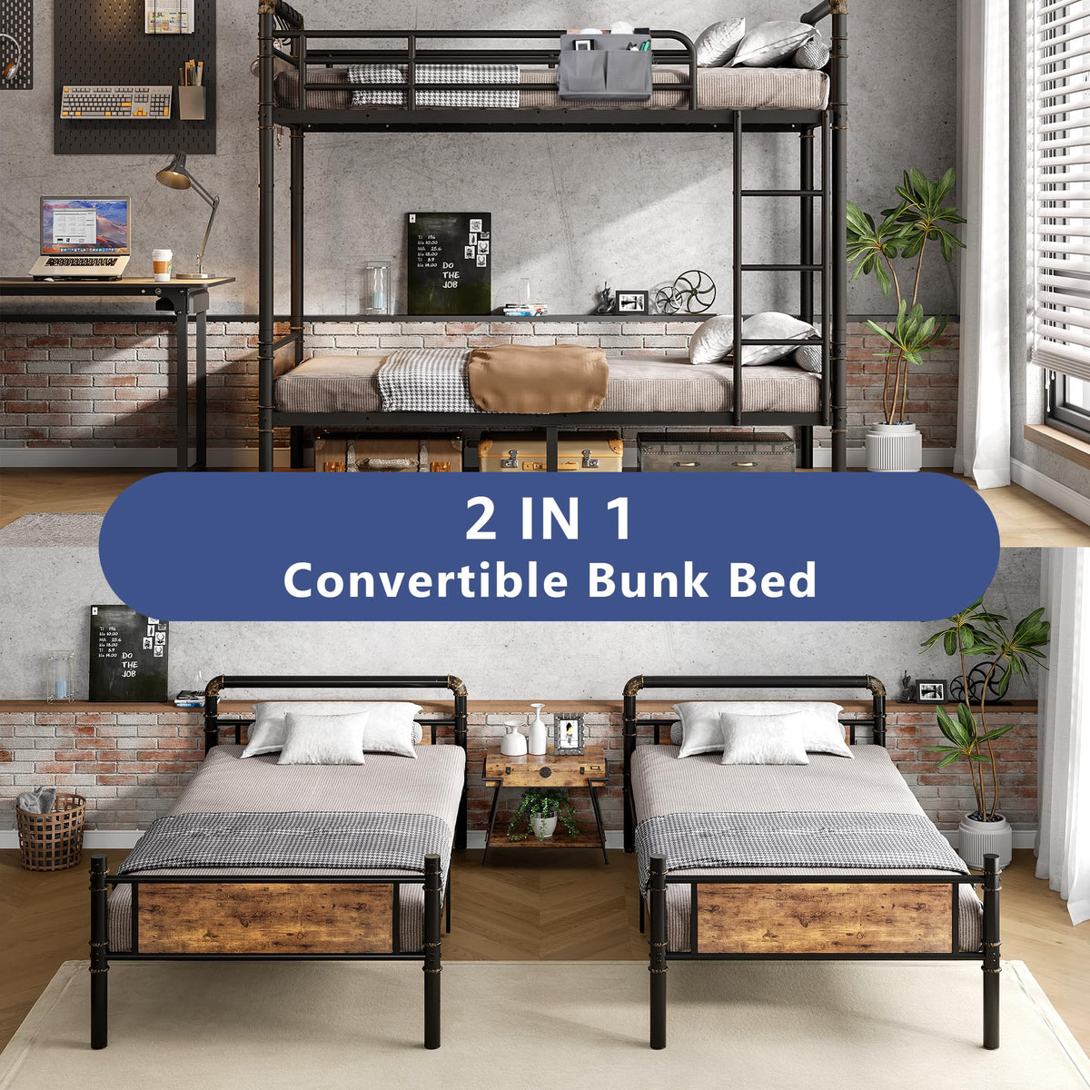 Twin Over Twin Metal Bunk Bed with Ladder and Guardrail I93845