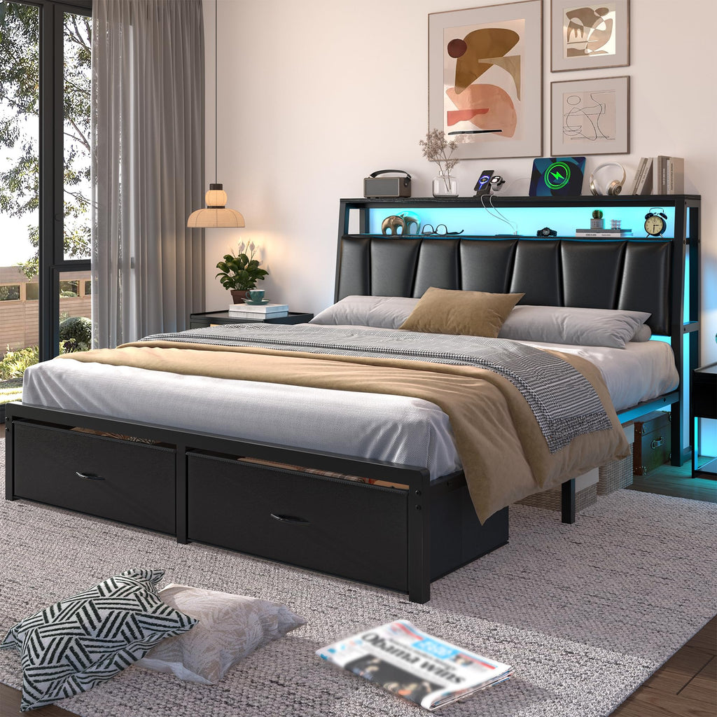 Queen Bed Frame with Storage Headboard and 2 Drawers X8716